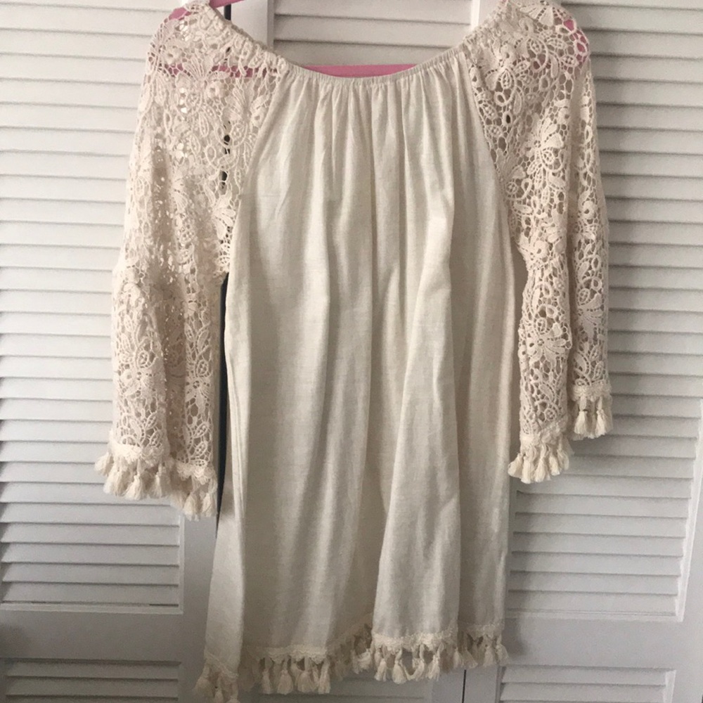 Cream bell sleeved off the shoulder dress